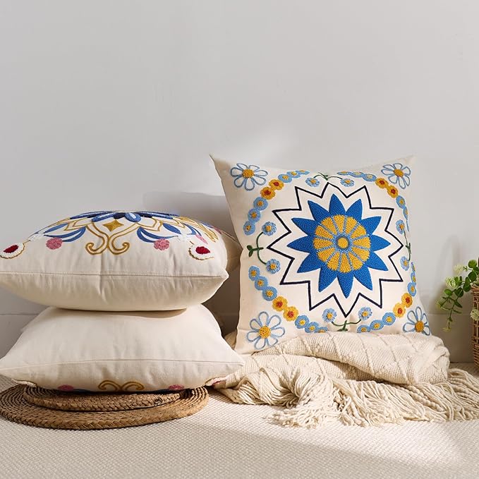 Embroidered Throw Pillow Cover 18x18 Classic Boho Floral Pattern Pillows Cover Outdoor Decorative Pillowcase,Durable Cozy Textured Cushion Case for Sofa Couch Bed Living Room,Blue Orange-Ruum Studio Home