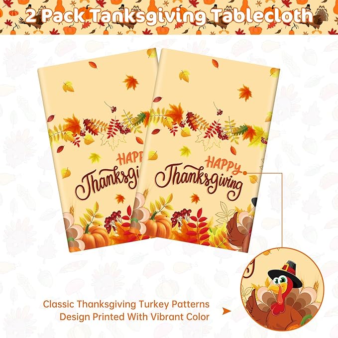 2 Pack Happy Thanksgiving Tablecloth - Fall Thanksgiving Turkey Table cloths, Disposable Plastic Rectangle Autumn Pumpkin Maple Leaf Table Cover for Thanks Giving Tables Decor Party Supplies,108x54In-Ruum Studio Home