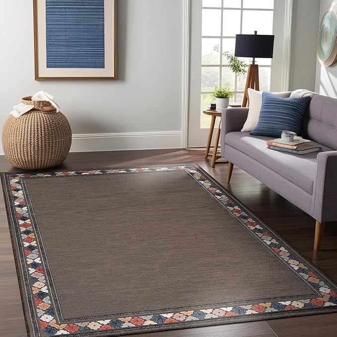 Beverly Rug Outdoor Rug 9x12 Modern Bordered Large Area Rugs for Indoor and Outdoor Patio Easy to Clean Non Shedding Living Room Porch Garden Washable Outside Carpet (9 x 12 Brown)-Ruum Studio Home