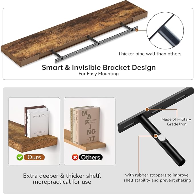 Floating Shelves - 10.23 Inch Deep Wall Shelf for Decor & Storage - Wall Mounted Display Shelving with Invisible Heavy-Duty Metal Bracket - 48" W x 10.23" D x 1.8" H - Set of 1 - Rustic Brown-Ruum Studio Home
