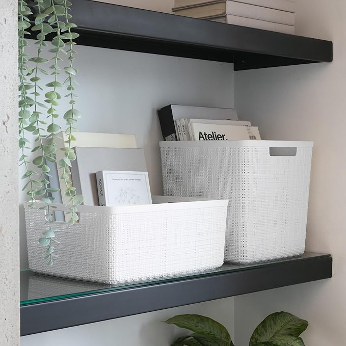 Curver Set of 6 Jute Medium Decorative Plastic Organization and Storage Baskets, Perfect Bins for Home Office, Closet Shelves, Kitchen Pantry and All Bedroom Essentials, White-Ruum Studio Home