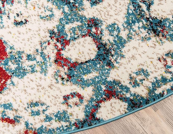 Unique Loom Rosso Collection Vintage, Geometric, Bohemian, Traditional, Distressed, Southwestern Area Rug, Round 4' 0" x 4' 0", Multi/Ivory-Ruum Studio Home