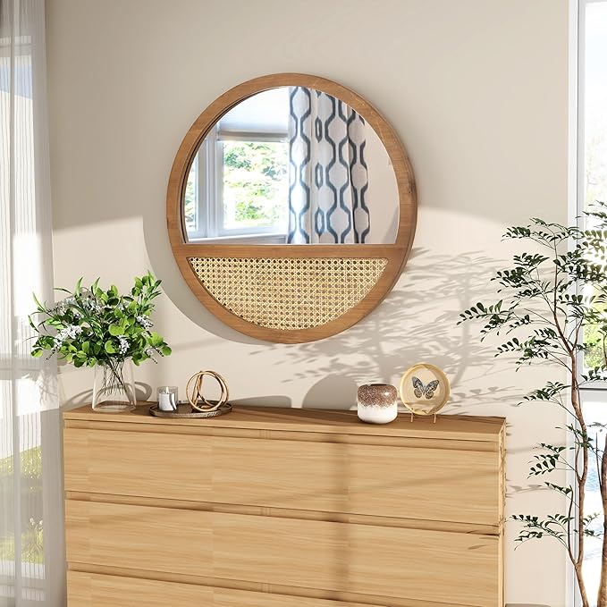 Rattan Round Mirror, 24 Inch Wall Mirror for Living Room Decor, Wooden Framed, Vintage Hanging Mirror, Hand-Woven for Wall Art Decoration-Ruum Studio Home