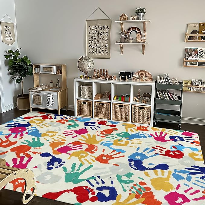 STARUIA Large Kids Rug for Playroom, 8'x10' Handprints and Footprints Colorful Rug for Classroom, Non-Slip Washable Rugs for Nursery, Soft Throw Carpet Indoor Playmat for Kids Room Dorm Bedroom-Ruum Studio Home