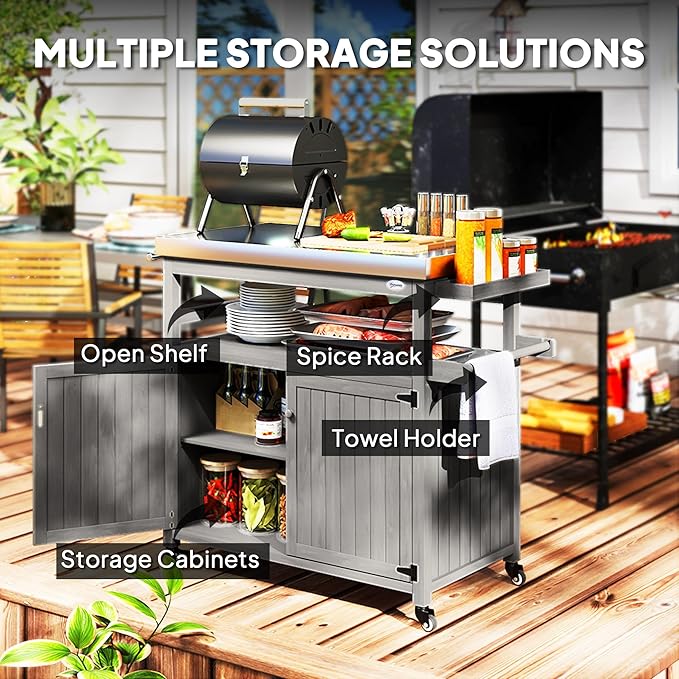 Outsunny Outdoor Grill Cart with Wheels and Storage, Solid Wood Outdoor Kitchen Island with Stainless Steel Top, Movable Bar Cart with Spice Rack, Side Handle, Integrated Hole for BBQ, Gray-Ruum Studio Home