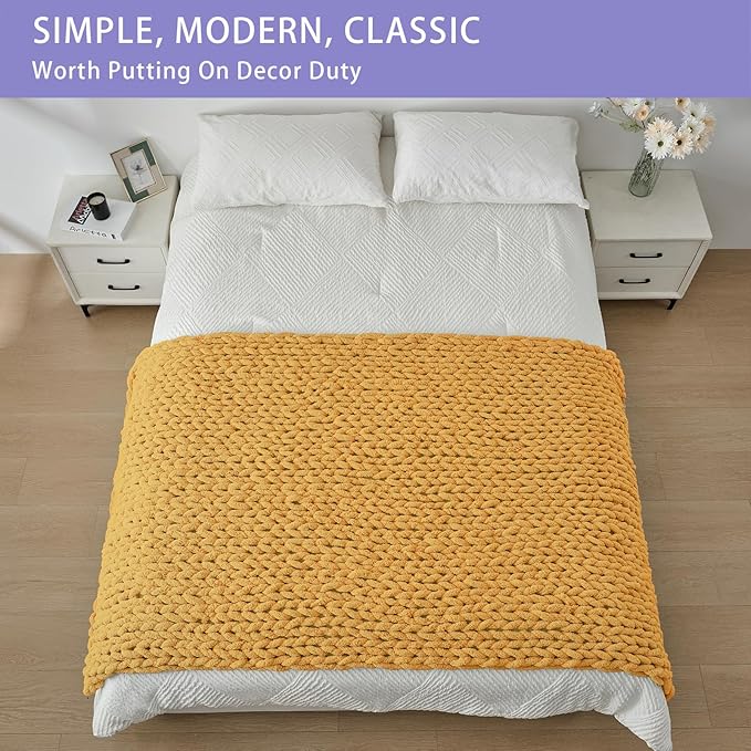 Bigacogo Chunky Knit Throw Blanket for Couch, 40x80 inches, 100% Hand Knitted with Thick Jumbo Chenille Yarn, Cozy Soft Large Rope Knot Cable Crochet Blankets for Sofa Bed Living Room, Mustard Yellow-Ruum Studio Home