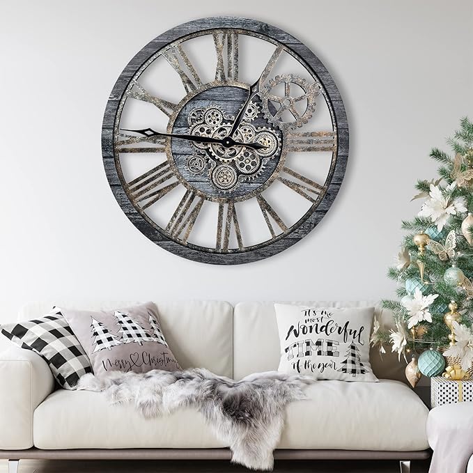 The B-Style Large Real Moving Gears Wall Clock 30 inch Rustic Retro Industrial Farmhouse Wood Clock Oversized Decorative Vintage Wall Clocks for Living Room (Carbon Gray)-Ruum Studio Home