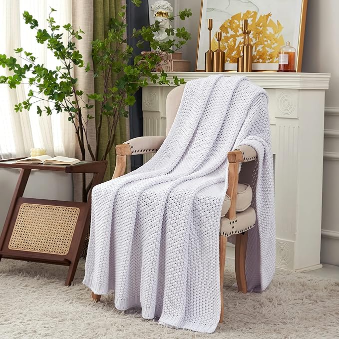 Chunky Cable Knit Throw Blanket Lightweight White 100% Organic Cotton Blanket for Sofa Couch Bed Baby Nursery, Rustic Shabby Chic Modern Farmhouse, Pure White 51” x 63” Give Laundering Bag-Ruum Studio Home