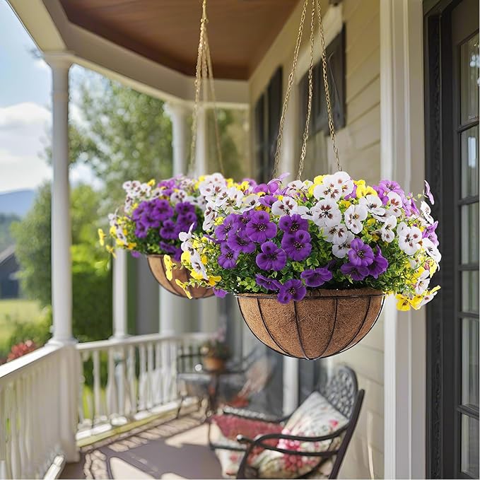 18 Bundles Artificial Fake Pansy Flowers for Outdoor, Faux UV Resistant Silk Pansies Flowers for Outside Planter Front Door Porch Yard Patio Window Box Home Decor (18, Purple, Yellow, White)-Ruum Studio Home
