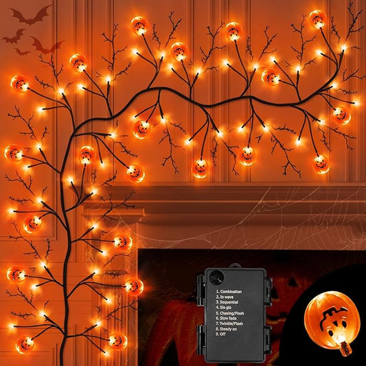 7 Ft 63 LED Halloween Decorations Willow Vine Twig Garland with 8 Modes Timer 21 Pumpkin Orange Lights, Halloween Garland with Waterproof Battery Operated for Indoor Wall Fireplace Decorations-Ruum Studio Home