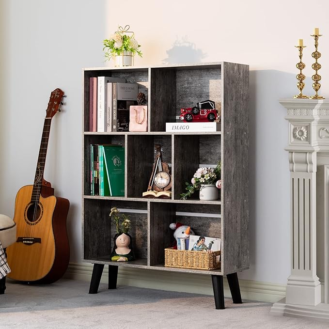 LEYAOYAO Bookshelf Cube Storage Organizer,3 Tier Bookcase with Legs,Modern Wood Open Shelf,Dirty Grey Bookshelves,Free Standing Display Short Book Shelves for Narrow Space,Bedroom,Living Room,Office-Ruum Studio Home