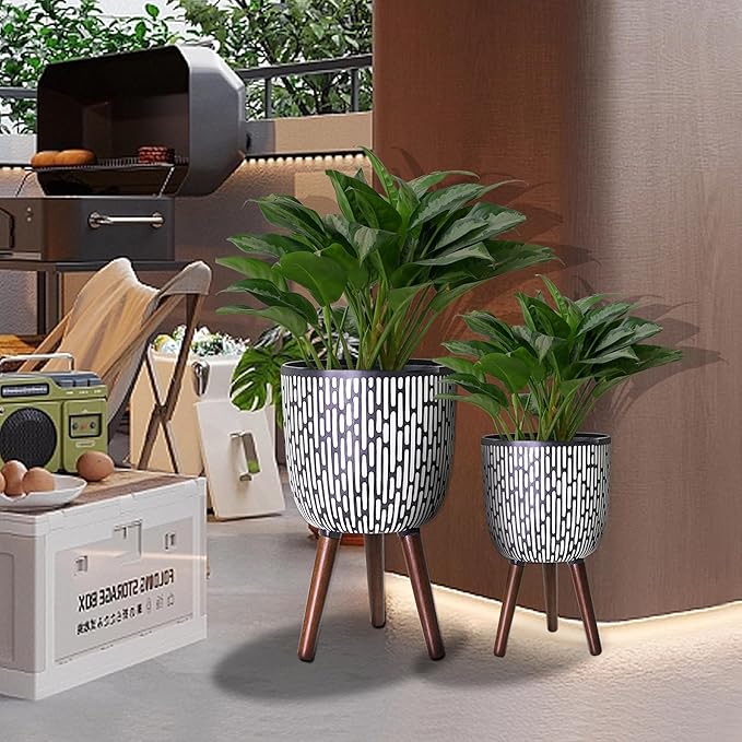 2 Set Plant Pot with Stand 10 & 12 inches, Mid-Century Large Planter with Legs for Indoor Plants, Boho Print Standing Plant Pot with Drainage Plug for Monstera, Herb, Succulent Flower Pot-Ruum Studio Home