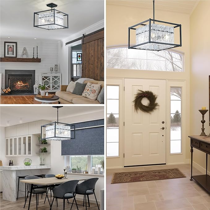 IKK Modern Foyer Chandelier, Black Crystal Chandelier for Dining Room, Square Entryway Light Fixture Hanging, Easily Adjustable Height Glass Chandeliers for Kitchen Island, Elegant Water Ripple-Ruum Studio Home