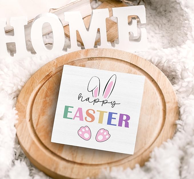 SRADMO Happy Easter Sign, Cute Bunny's Ear Easter Wood Box Sign Desk Decor, Easter Bunny Decorations, Easter Theme Wooden Block Box Sign Decoration for Home Office Shelf Table Decor-Ruum Studio Home