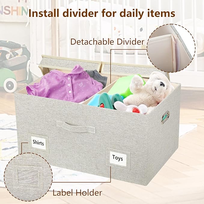 75 Quarts Extra Large Decorative Storage Bins with Lids, 3 Packs Beige Collapsible Storage Bins with Lids, Stackable Storage Bins Decorative Box Storage With Lid Extra Large-Ruum Studio Home