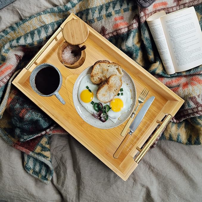 Bamboo Wood Serving Tray with Gold Polished Metal Handles, Decorative Tray Platter Coffee Table Tray Rectangular Wooden Breakfast Tray for Ottoman, Kitchen, Bedroom, Lap &Couch - 15x10.4 Inch-Ruum Studio Home