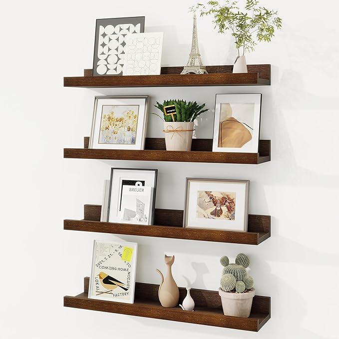 Picture Ledge Shelf, Solid Pine Wood Floating Shelves Set of 4, 16 Inches Nursery Book Shelves for Toys Storage, Kids Bookshelf Wall Mounted for Living Room Decor Photo Frames, Walnut-Ruum Studio Home