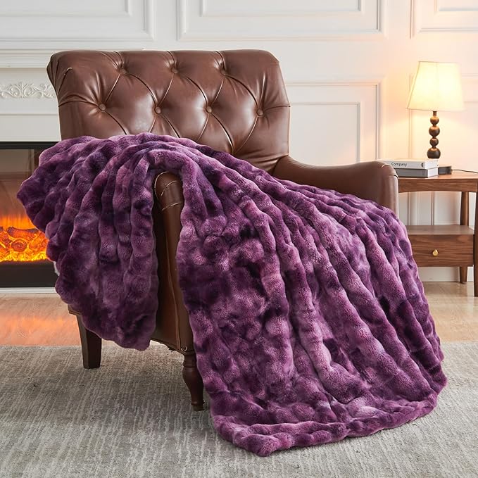 NEWCOSPLAY Faux Fur Throw Blanket Tie-dye Violet Purple Luxury Fluffy Thick Warm Bubble Blanket for Couch Sofa Bed 700GSM (Tie-dye Violet Purple, Throw(50"x60"))-Ruum Studio Home