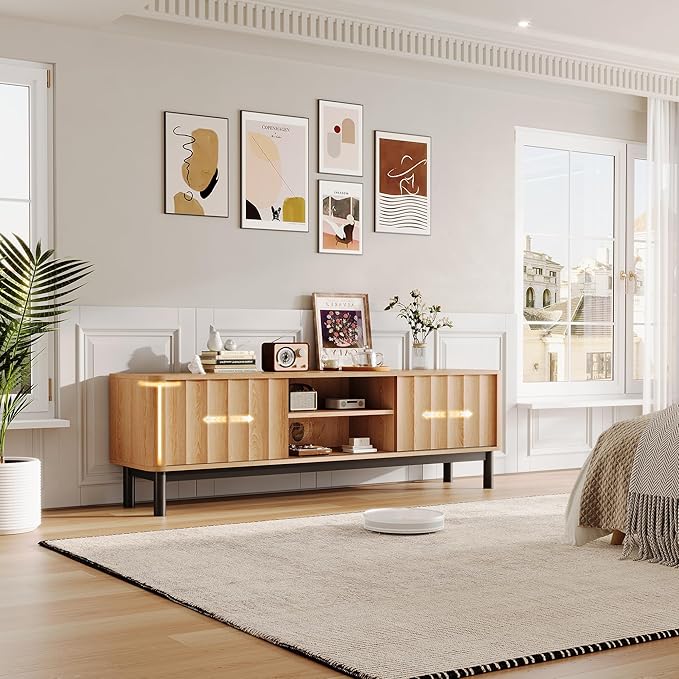 Brown Mid Century Modern TV Stand, Wood Fluted Living Room TV Stands with Storage Sliding Doors, Desert-Inspired Design MCM Entertainment Center for 55 60 65 70 75 55+ 60+ 65+ 70+ Inch-Ruum Studio Home