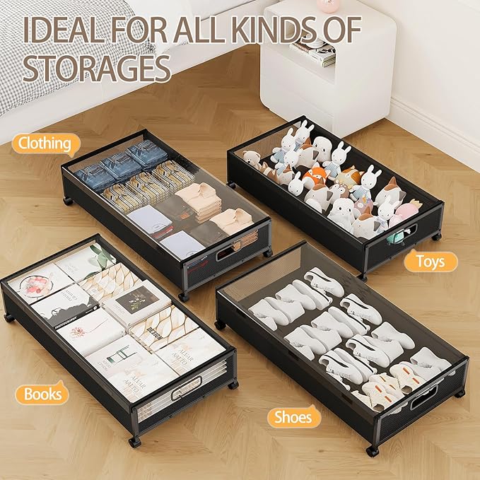 Under Bed Storage Containers with Wheels, 2 Pack Underbed Shoe Storage Organizer with Removable Lids, Large Rolling Under Bed Storage Dresser Drawers for Clothes Toys Shoes Blankets-Ruum Studio Home