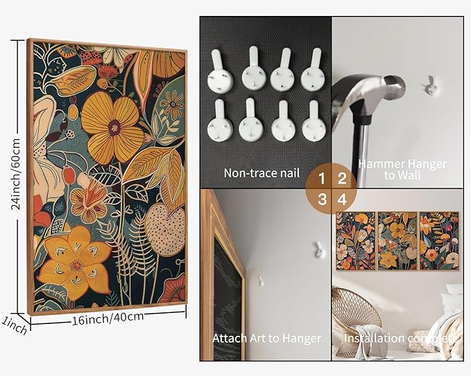 SIGNINART Boho Botanical Framed Canvas Wall Art Set of 3, Mid Century Modern Wall Decor, Burnt Orange Floral Artwork, Neutral Flower Plant Art Prints for Bedroom Living Room Office 24"x36"x3-Ruum Studio Home