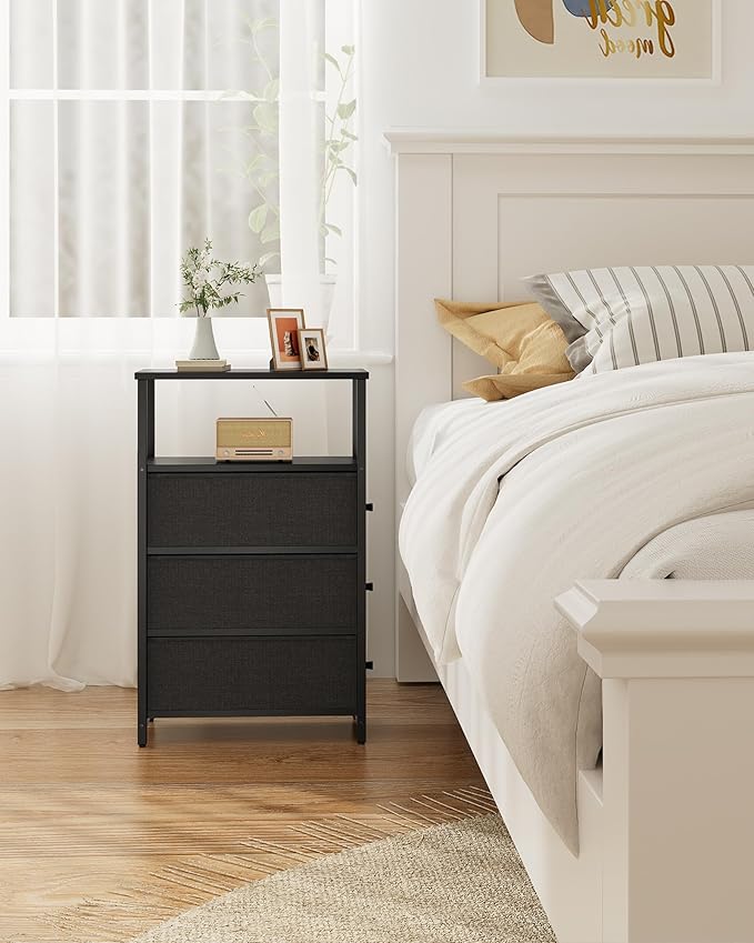 TUTOTAK Narrow Night Stand, Slim End Table, Tall Side Table with 3 Fabric Drawer, Small Bedside Table with Storage, Set of 2, for Living Room, Bedroom, Black TB01BK072-Ruum Studio Home
