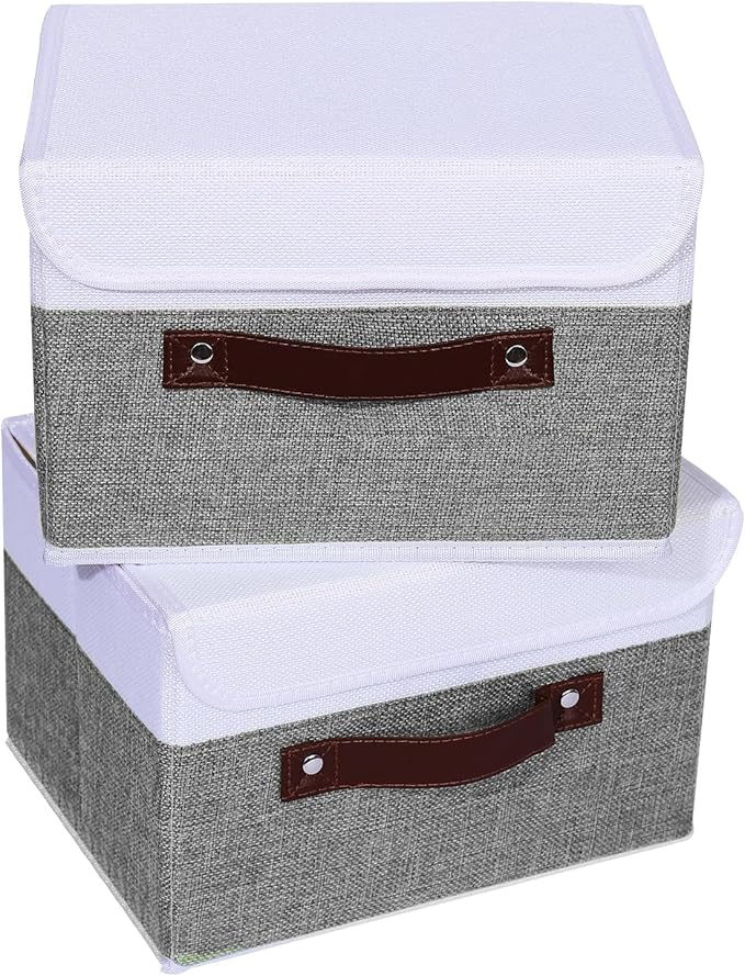 ANMINY 4PCS Storage Boxes with Lid Washable Decorative Storage Bins Basket with PU Leather Handle Foldable Linen Fabric Storage Cubes Containers for Home Closet Organizer - Gray White, Small Size-Ruum Studio Home