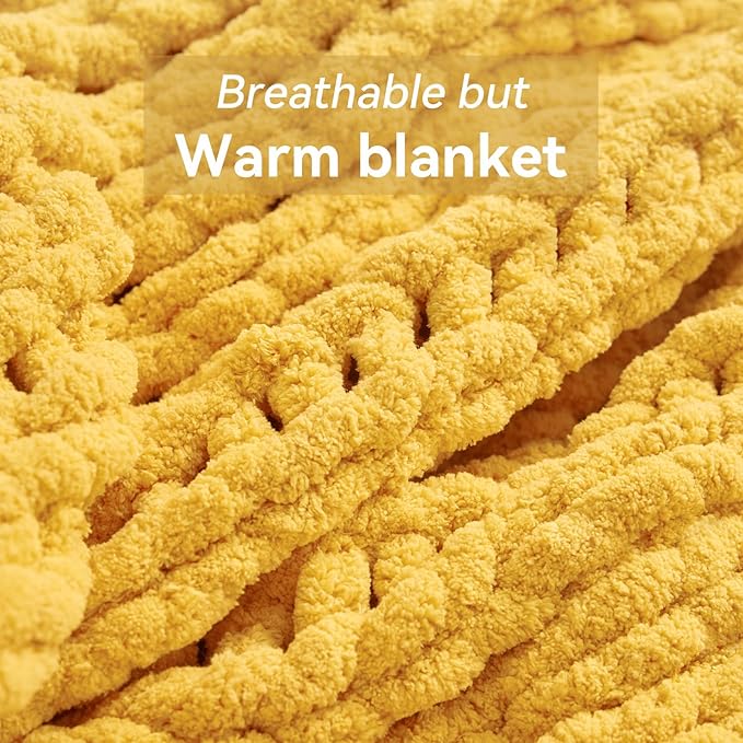 Chunky Knit Throw Blanket, 40''*50'' Knitted Throw Chenille Yarn for Bed Couch, Handmade Yellow Crochet Big Thick Blanket, Machine Washable Cute Comfy Blanket for Home Decor-Ruum Studio Home