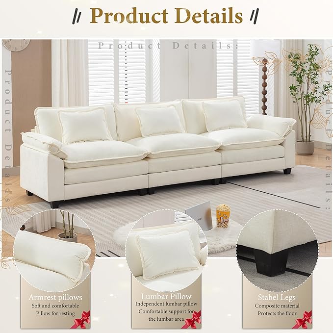 URRED Modular Sectional Sofa Comfy Cloud Couch, Modern Chenille Sofa Sleeper Deep Seat Couches with Ottoman/Pillows for Living Room (White, 117'')-Ruum Studio Home