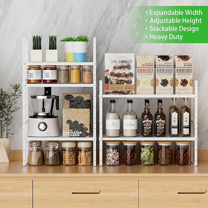 Expandable Cabinet Storage Shelf Stackable Organizer Rack for Kitchen Bathroom Pantry Spice Cupboard Countertop Home Office Desk Heavy Duty Nonslip White Large 1 Pack-Ruum Studio Home