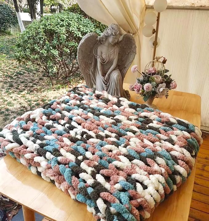DDL&HEXI Chunky Chenille Blanket 100% Hand Knit with Jumbo Chenille Yarn (50"x60") Super Soft Large Throw Bed Blanket for Couch, Sofa, Home Decor - Machine Washable (02)-Ruum Studio Home