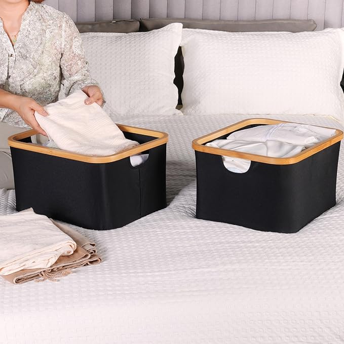efluky Storage Baskets for Organizing, Fabric Storage Bins with Bamboo Handles, Collapsible Storage Baskets for Shelves and Closet (Black, 16.2'' x 13'' x 9.1'')-Ruum Studio Home