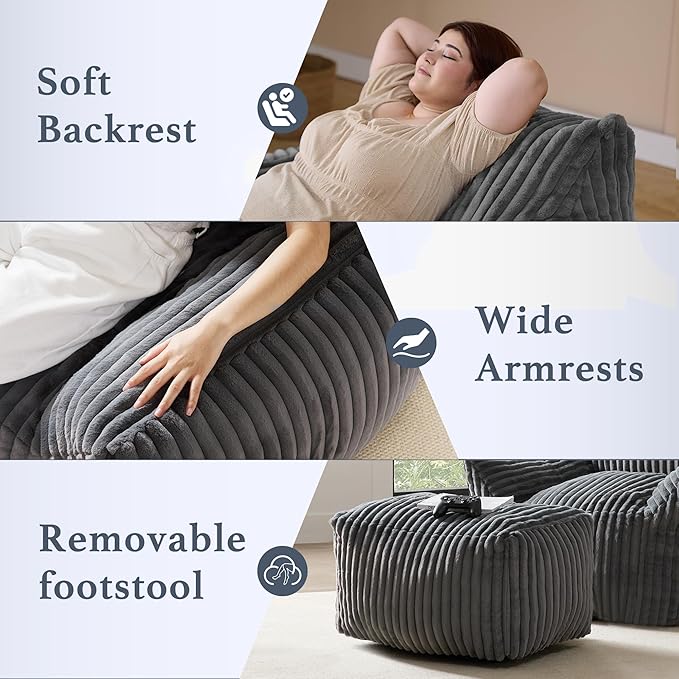 Oversized Bean Bag Chaise Lounge Chair Indoor for Adults with Armrests & Ottoman - Giant Comfy Gray Beanbag Floor Sofa Cloud Accent Chair for Reading, Gaming, Cozy Plush Cloud Mini Couch-Ruum Studio Home