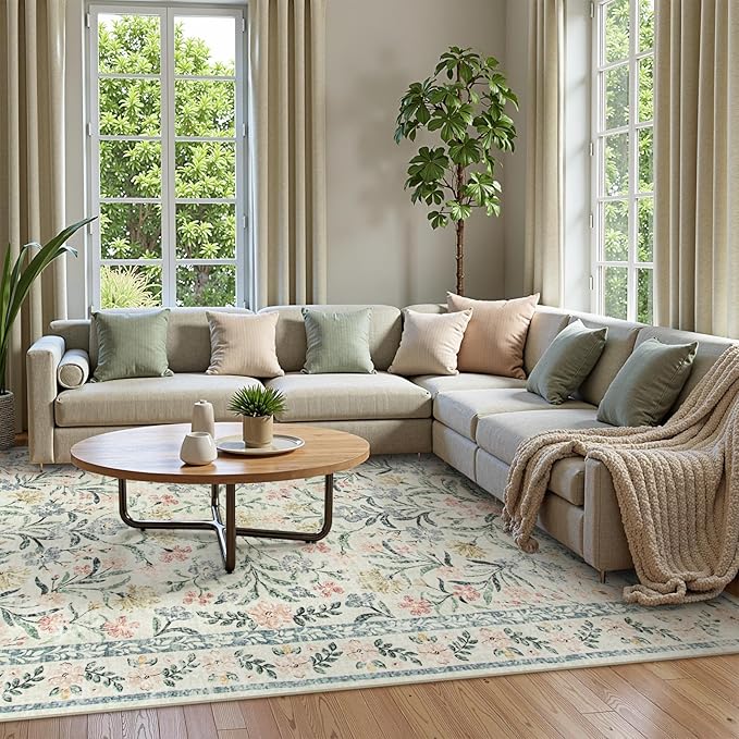 Wonnitar Large Living Room Rug, Floral 10 x 14 Machine Washable Area Rugs, Soft Boho Ultra-Thin Non-Shedding Indoor Aesthetic Carpet for Bedroom Dining Room Office-Ruum Studio Home