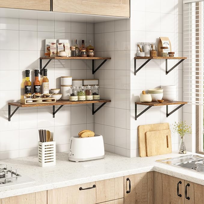 10 Inch Deep Floating Shelves, Floating Shelves 30 Inch Long, Rustic Wood Wall Shelves 30"W x 10"D, Deep Floating Shelf with Bracket, Wide Storage Shelves for Living Room, Bathroom, Rustic Brown-Ruum Studio Home