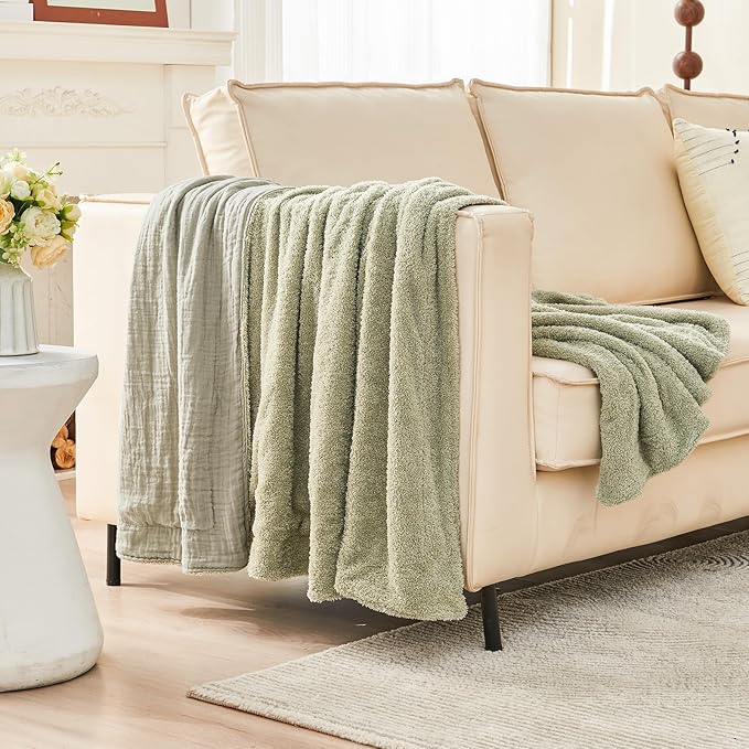 EMME Muslin and Fleece Queen Blanket Reversible - 80"*90" Sage Green Soft Warm Throw Blankets for Couch Bed Picnic Travel Bed-Ruum Studio Home