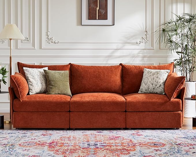 102.6" Modular Sectional Sofa, Oversized 3-Seater Terracotta Orange Couch with Removable Chenille Fabric Cover, Deep Seat & High Backrest for Living Room, Office & Apartment-Ruum Studio Home