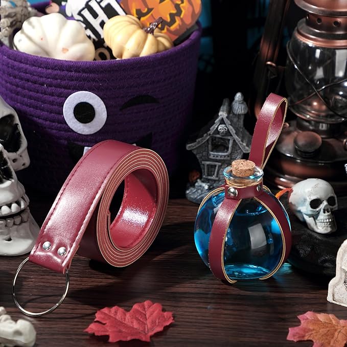 Boao Potion Bottles with Cork Set Dark Magic Cork Round Potion Bottle with Leather Belt Clear Glass Large for Halloween Costume Props DIY Crafts Decorative, 200 ml(Claret)-Ruum Studio Home