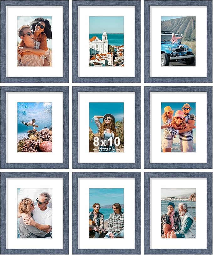 Vittanly 8x10 Picture Frames Set of 9, Shatter Resistant Plexiglass, Display 5x7 Pictures with Mat or 8x10 without Mat, Photo Frames for Wall or Tabletop, Engineered Wood, Navy-Ruum Studio Home