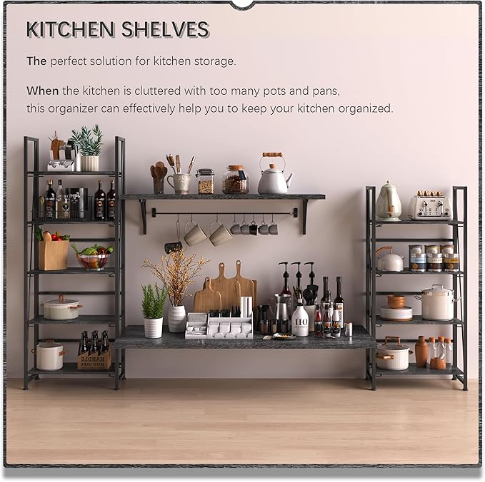 4NM No Assembly Foldable Bookshelf, 5-Shelf Collapsible Bookcase Storage for Small Spaces, 62.2" H, Gray and Black-Ruum Studio Home