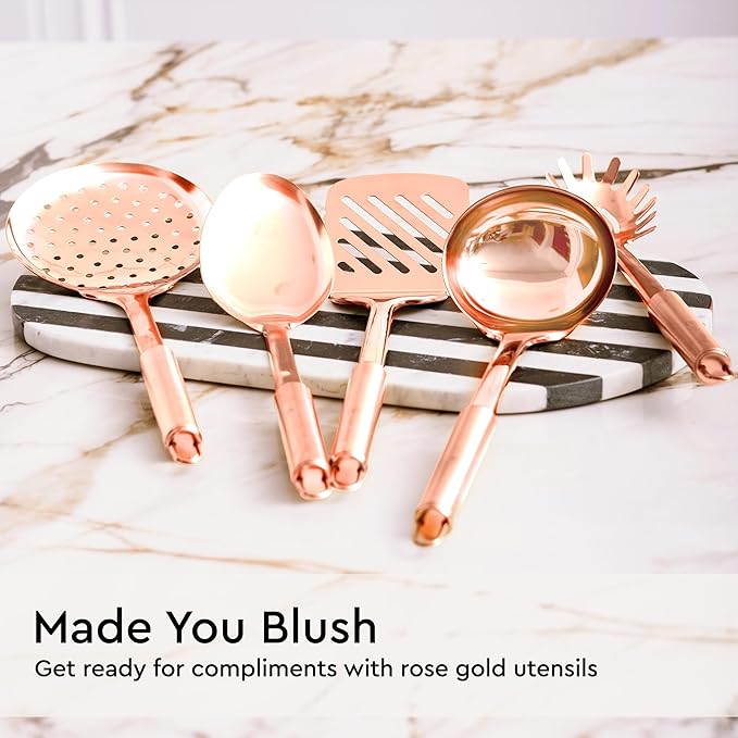 Copper Cooking Utensils Set – 5-Piece Rose Gold Stainless Steel Kitchen Tools for Cooking and Serving Includes Ladle, Spoon, Pasta Fork, Spatula, and Skimmer – Stylish Copper Kitchen Accessories-Ruum Studio Home