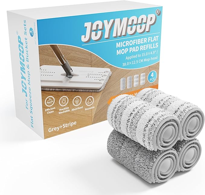 JOYMOOP Flat Mop Pads, Microfiber Mop Cleaning Pads, Washable Pads, Pads Replacement for JOYMOOP Flat Mop or Mop Bucket Set, Pack of 4 Refills 15inch - Grey and Stripe-Ruum Studio Home