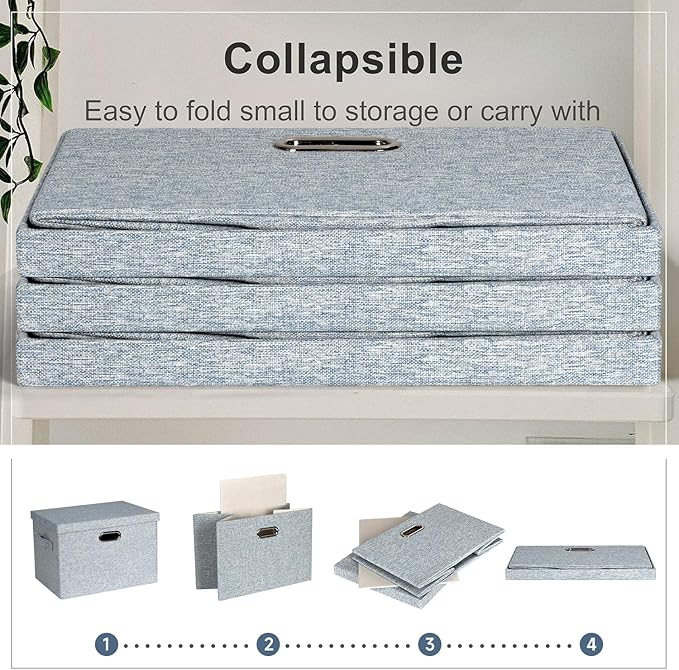 Large 17" 36 Quart Collapsible Stackable Storage Bins with Lids, 3 Packs Blue-Grey Linen Fabric Closet Boxes with Lids, Storage Cube Baskets Container Organizers for Bedroom (17x12x11)-Ruum Studio Home