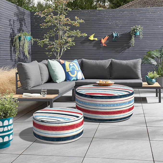 Inflatable Ottoman Stool D31 xH14 for Outdoor/Indoor Use, Water Repellent Patio Foot Rest Stool with Portable Handle,Round Pouf Ottoman Suitable for Garden,Deck and Camping - Stripe Red Blue-Ruum Studio Home