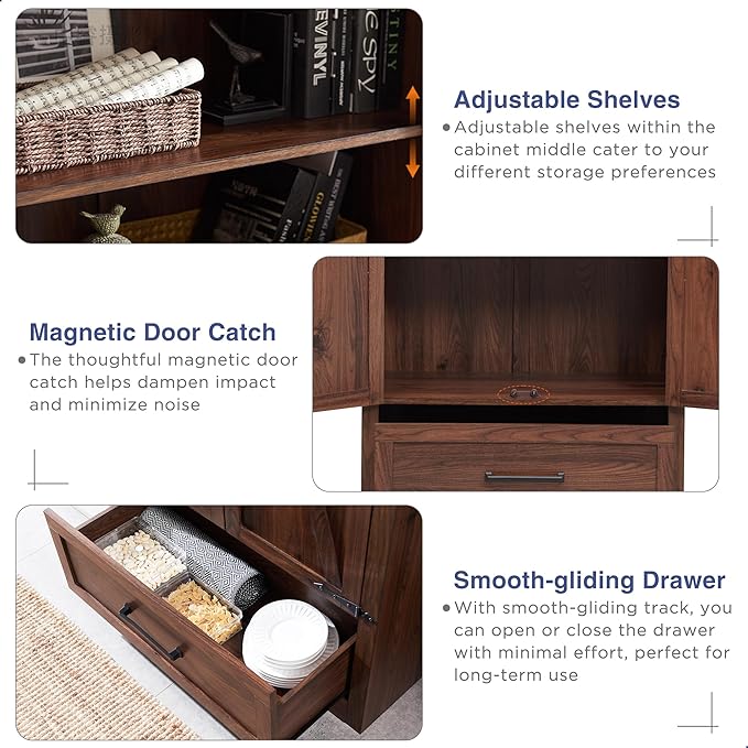 JXQTLINGMU Farmhouse Kitchen Pantry Cabinet - 72" Tall Wood Kitchen Storage Cabinets with Adjustable Shelves & 2 Barn Doors & Drawer, Versatile Storage for Dining Room, Bathroom, Rustic Brown-Ruum Studio Home
