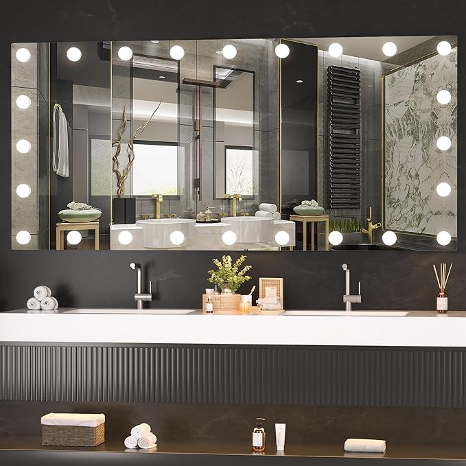 Hasipu LED Bathroom Mirror with Lights, 59" x 28" Hollywood Wall-Mounted Bathroom Mirror with 24 Dimmable Bulbs, 3 Colors Modes, Touch Control, Anti-Fog, Memory Function, Shatter-Proof, ETL Listed-Ruum Studio Home