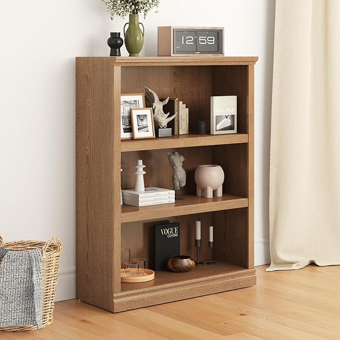 43 in Tall Bookcase, 3-Tier Bookshelf Open Storage, 33 inch Wide Floor Standing Indoor Furniture, Book Cases for Home School Library Office Bedroom Kids, Oak 3 Tiers-Ruum Studio Home