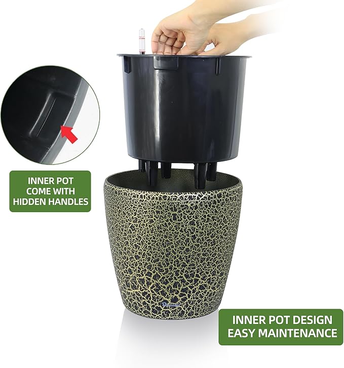 Dexceder 9x8 Inches Self Watering Planter Indoor Outdoor, Inner Pot Design, Thickened Table Flower Plant Pot with Water Level Indicator (Black Gold Crackle)-Ruum Studio Home