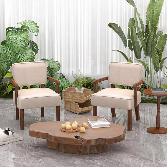 Accent Chair Set of 2 with Table, PU Leather Chair for Living Room Oversized Armchair with Soft Seat and Armrests for Bedroom Dinning Reading Waiting Room (Leather Beige)-Ruum Studio Home