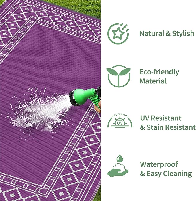 GENIMO Outdoor Rug Waterproof 6'x9' for Patio, Foldable Reversible Plastic Straw Carpet for Travel Trailers, Outside Area Mat for Rv, Deck, Picnic, Porch, Camper, Balcony, Beach, Purple & Grey-Ruum Studio Home